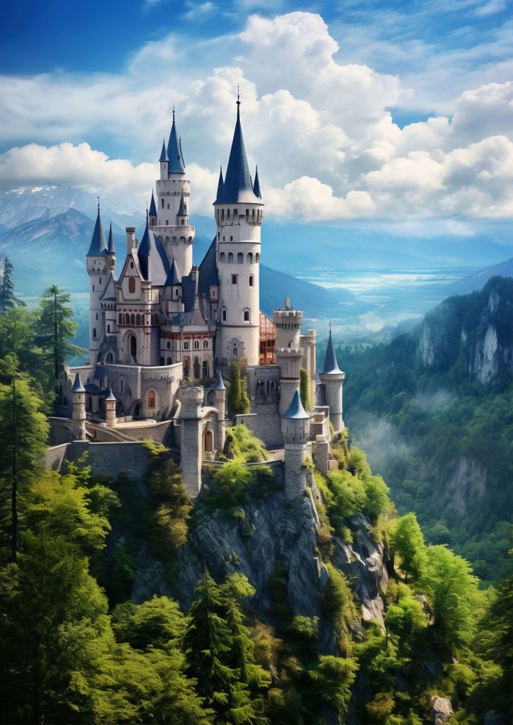 Ilustración de un castillo entre las montañas, elemento importante las películas de Disney